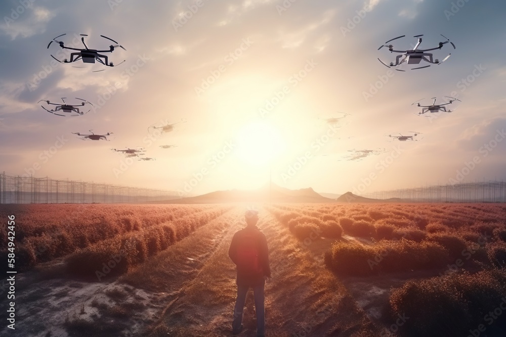 Aufkleber a man standing in a field with a bunch of flying objects solar farm aerial photography supply chain 