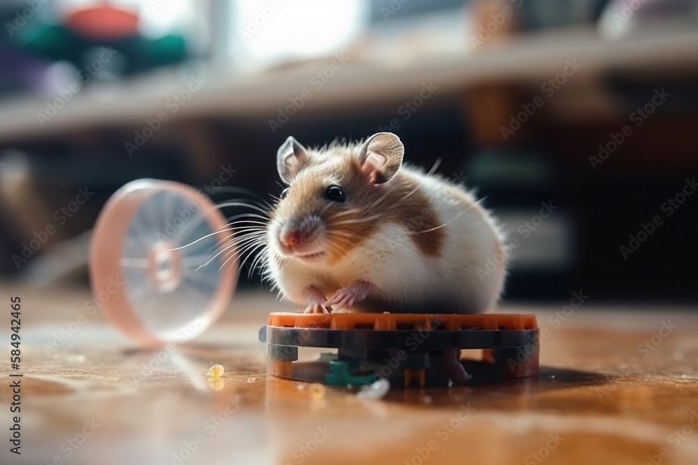 Poster a small rodent sitting on top of a table next to a toy construction site time-lapse photography netw