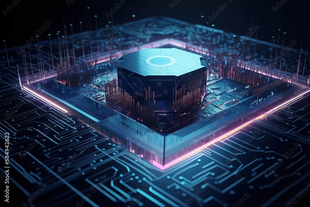 Poster a futuristic building surrounded by a lot of circuit boards and wires factory video art computer gra