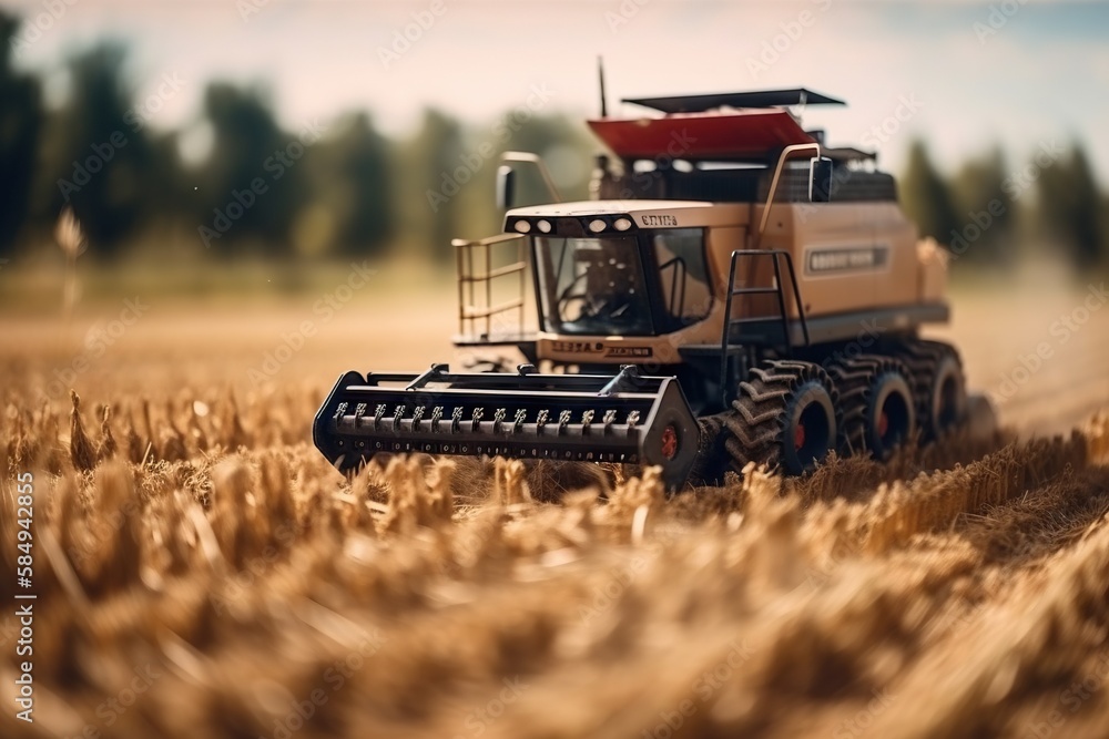 Poster a combine of farming equipment in a field of wheat with trees in the background countryside wheat fi