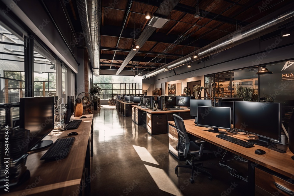 Poster a large room with multiple computers and desks in it workshop architectural photography industrial p