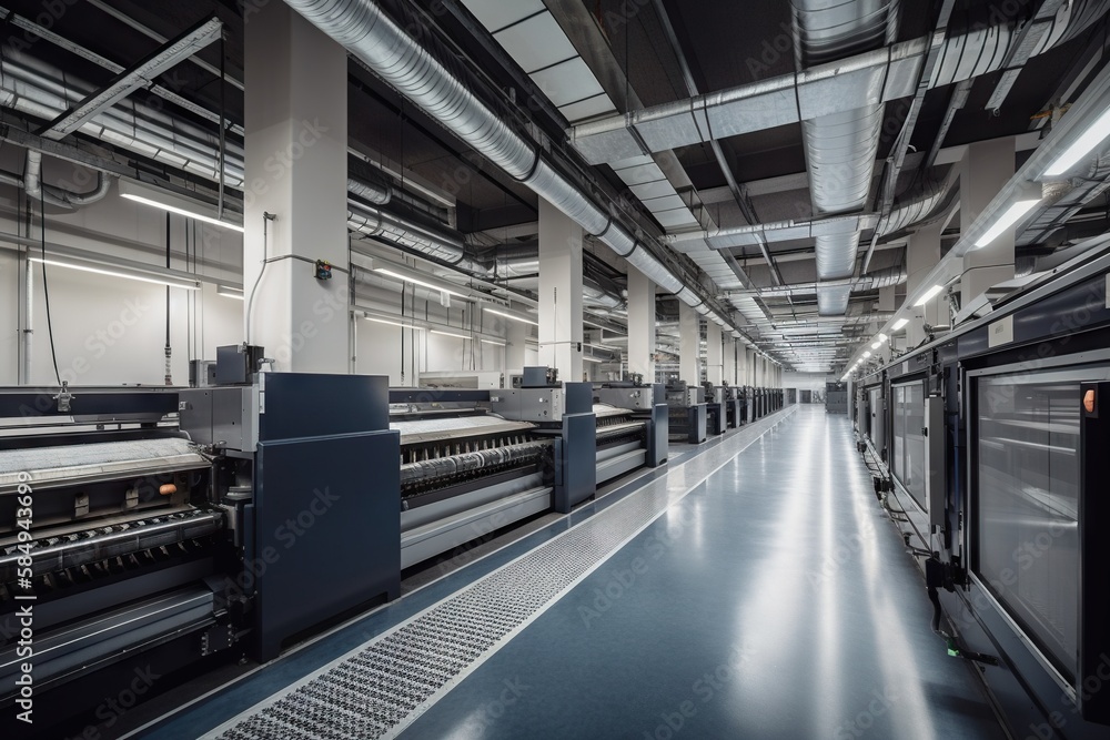 Poster a large room with a long row of machines in it's generative ai center factory advertising photograph