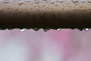 Rainy weather, drops of rain dripping from metal railings