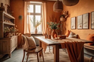 Fototapeta na wymiar Orange and beige farmhouse dining room. Plaster walls, bohemian decor,. Generative AI