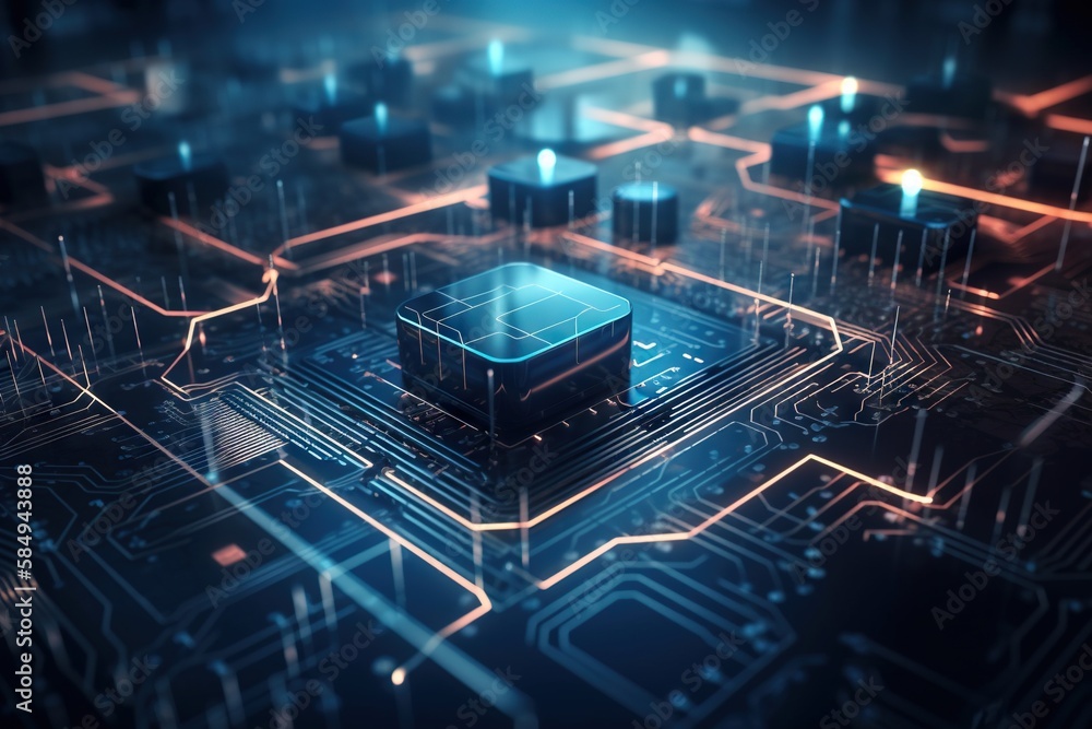 Poster a computer processor on a circuit board with many lights and shapes factory product photography netw