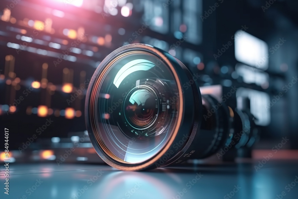 Poster a camera lens sitting on top of a table in front of a building tv studio macro photography video mar