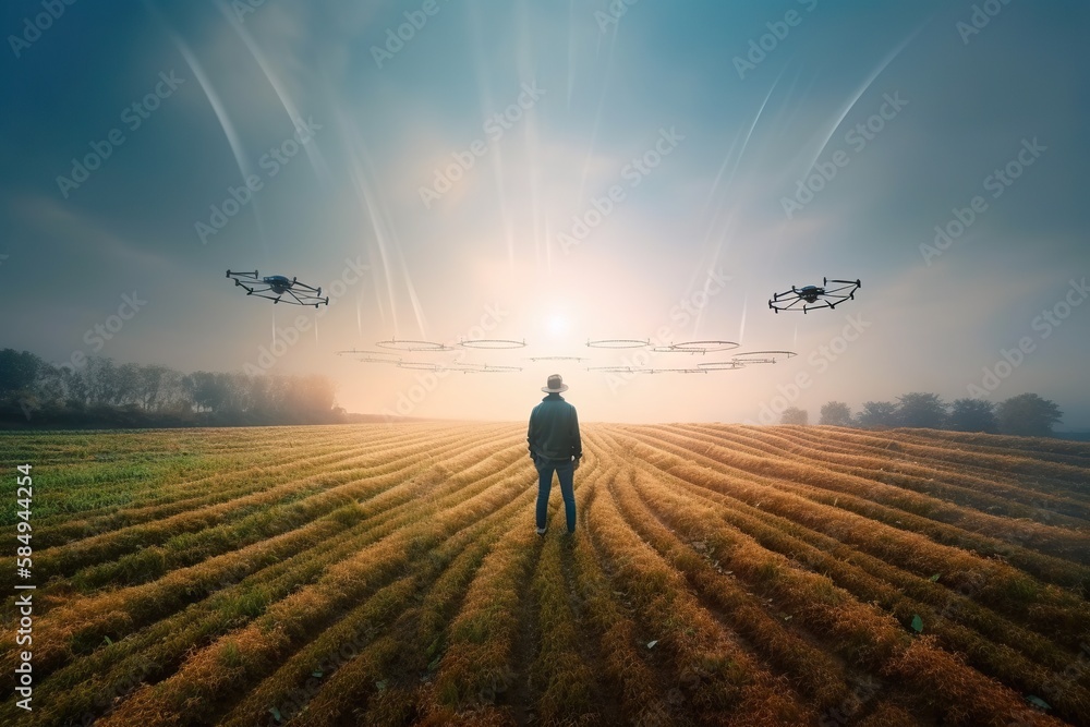 Aufkleber a man standing in a field with a bunch of flying objects farm aerial photography supply chain optimi