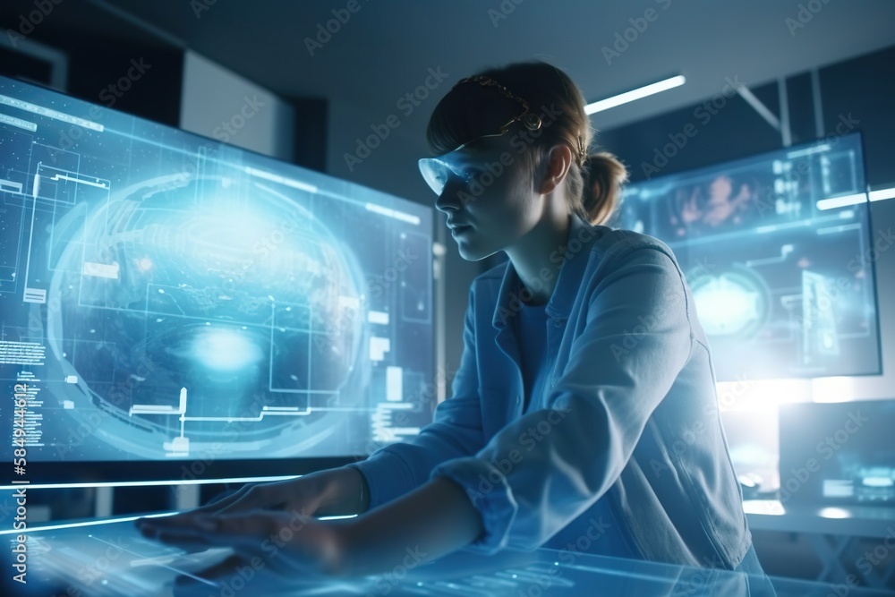 Poster a woman in a white shirt is using a computer screen with a futuristic image on it workshop graphic d