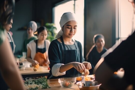 A Woman In A White Hat Is Preparing Food On A Table Kitchen Food Photography Workplace Wellness Generative AI 