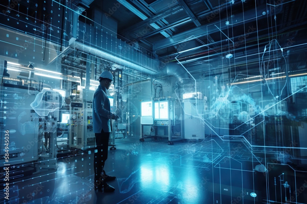 Poster a man standing in a room with a lot of lines and dots factory panoramic photography manufacturing pl