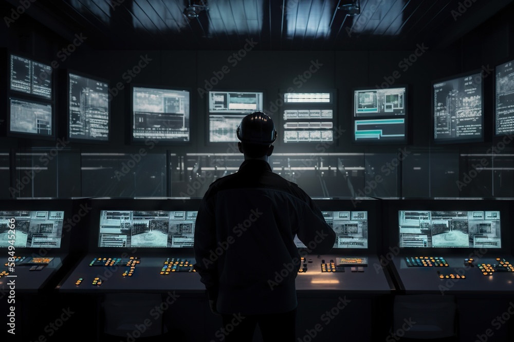 Poster a man standing in front of a large display of computer screens wastewater treatment plant panoramic 