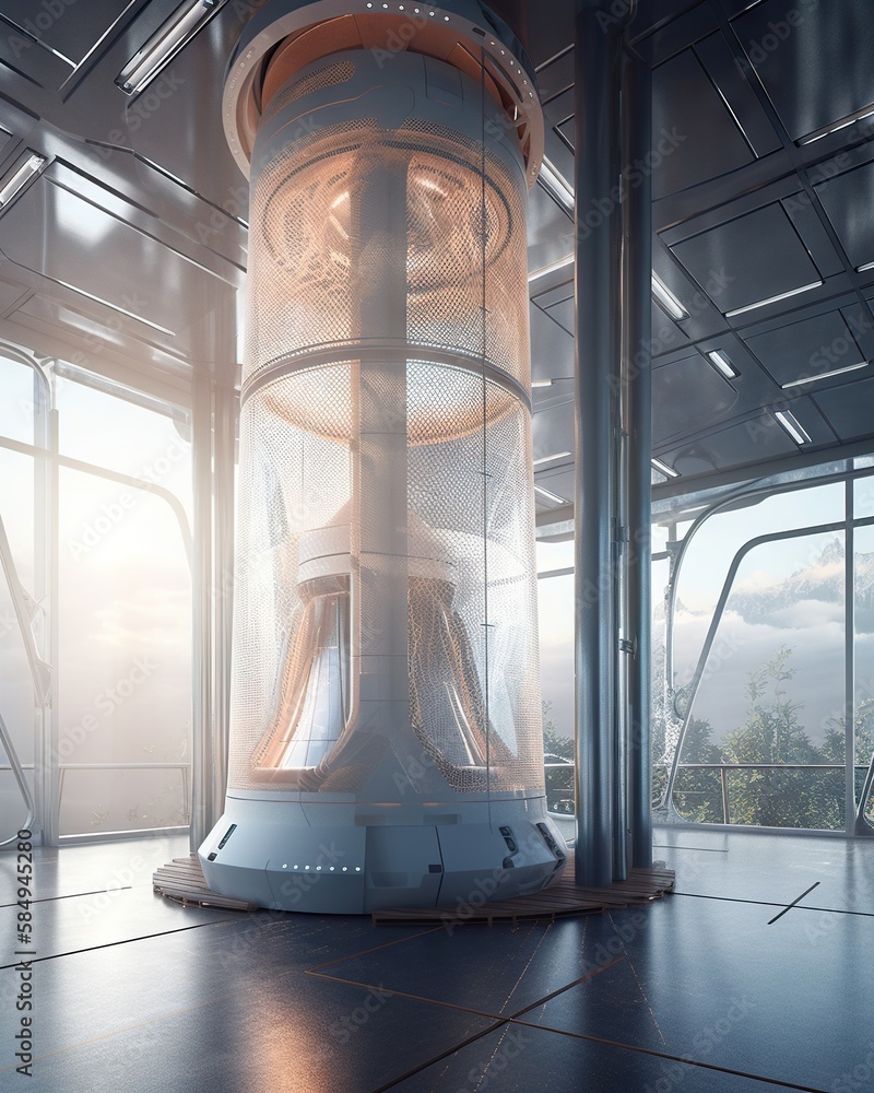 Poster a large white structure with a large window in it's center power plant photorealism computer graphic
