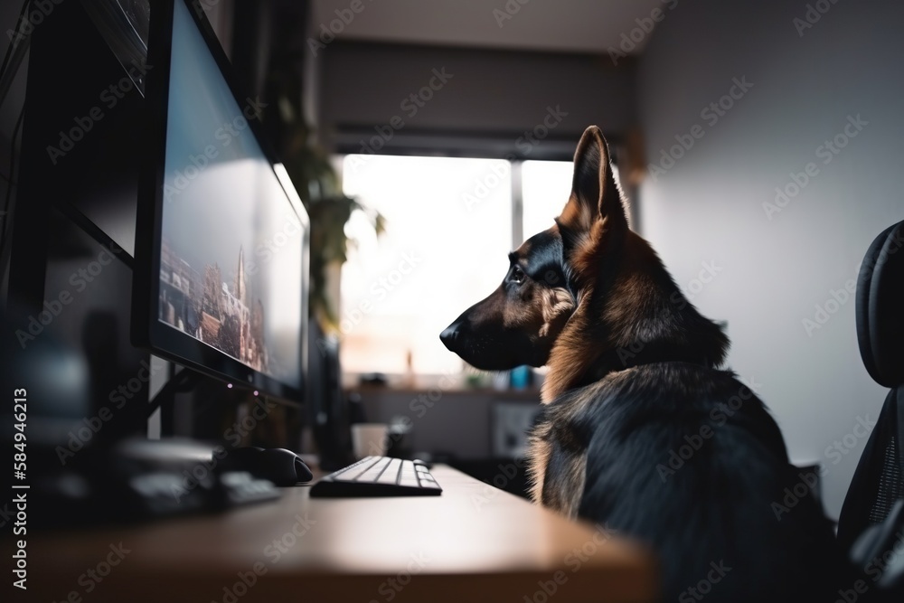 Poster a dog sitting in front of a computer monitor and keyboard looking at the screen zoo graphic design f