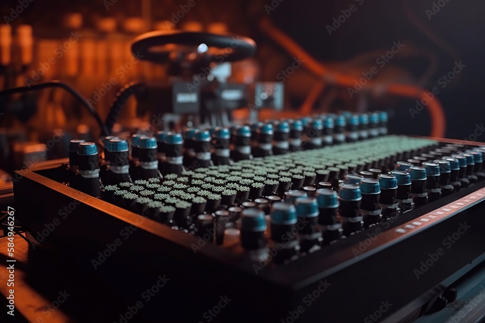Aufkleber a mixing board with many knobs and a microphone in the background recording studio panoramic photogr