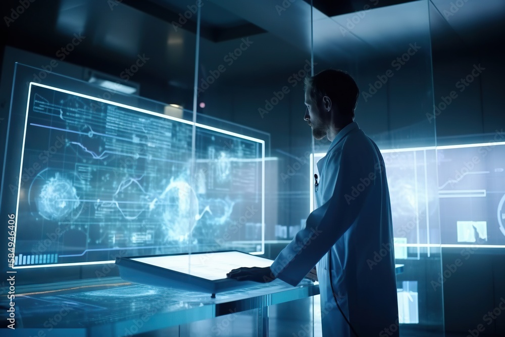 Poster a man in a lab coat looking at a computer screen generative ai generative ai, generative, ai, with a