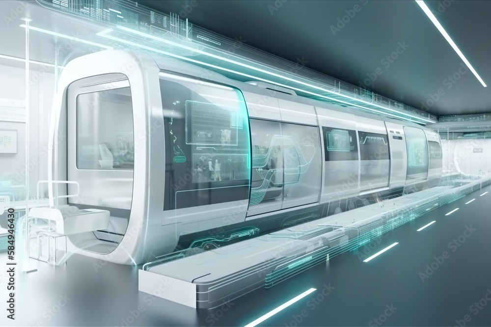 Poster a futuristic train station with a train on the tracks and a man standing on the platform subway stat