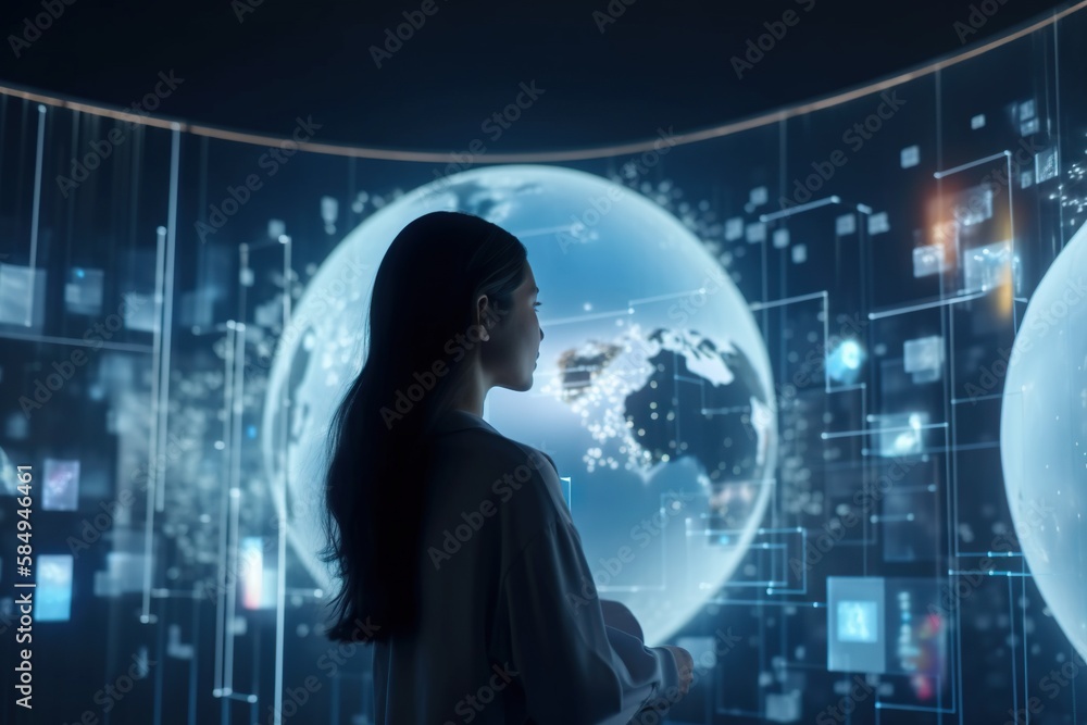 Poster a woman standing in front of a display of technology and information workshop advertising photograph