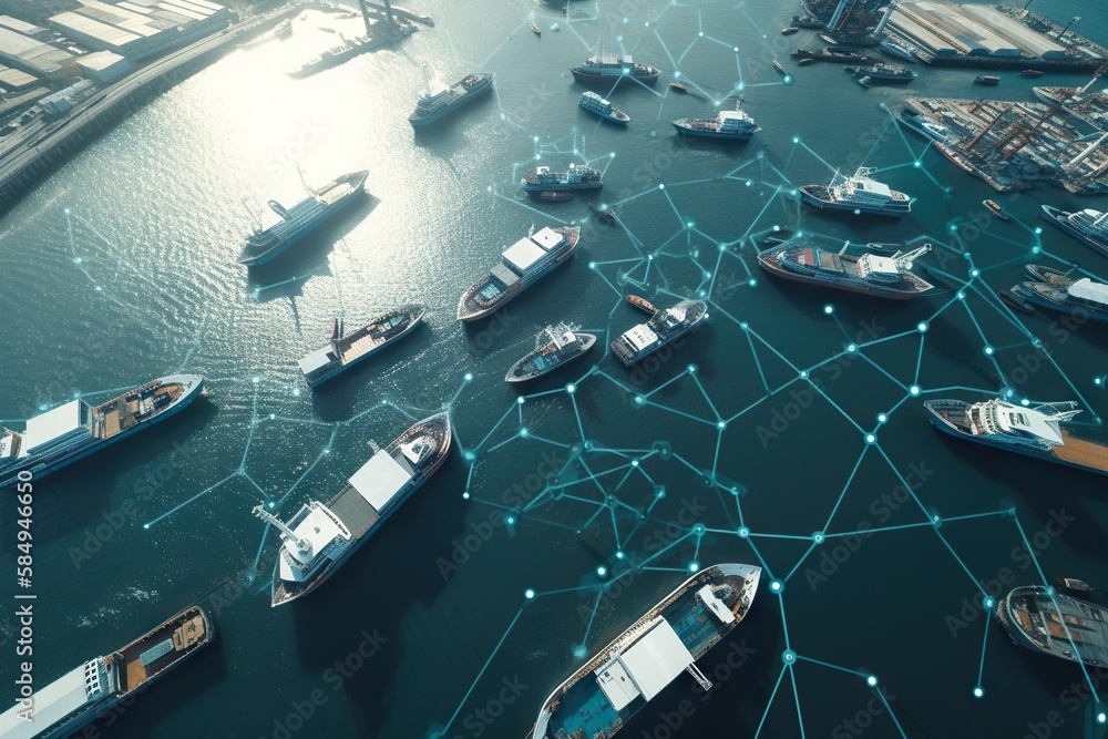 Poster a large group of boats floating in a body of water with a network of connected lines industrial port