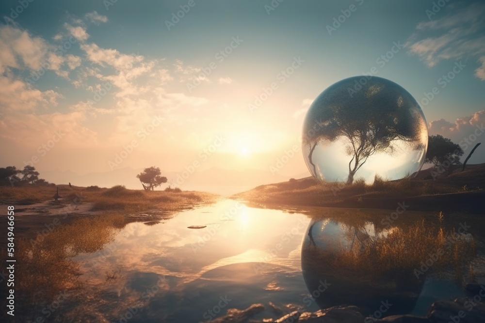 Aufkleber a large sphere is in the middle of a field with a lake lunar landscape environmental art environment