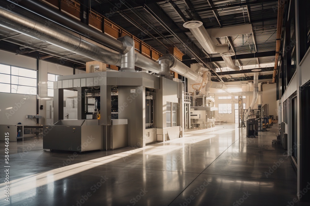 Poster a large industrial building with a large machine in the middle of it factory panoramic photography m