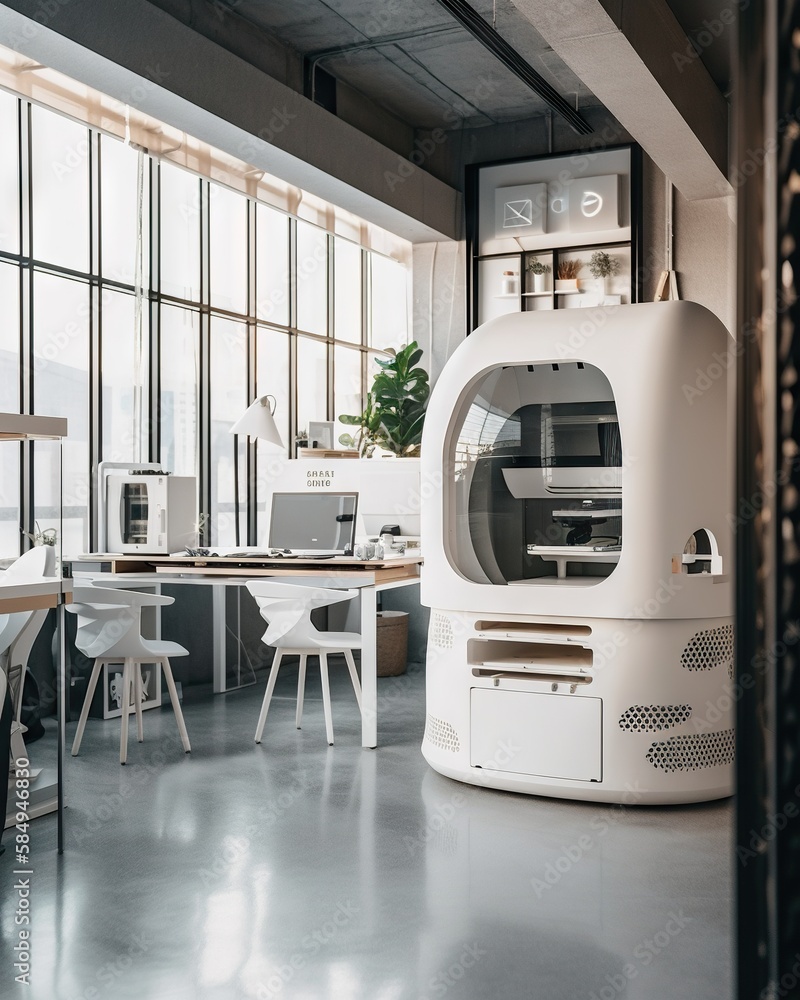 Poster a room with a large window and a white machine in it workshop paper cutting industrial design genera