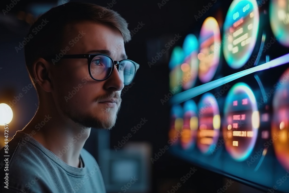 Fototapete a man wearing glasses looking at a display of clocks in a dark room workshop video art data analytic