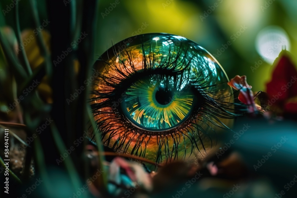 Poster a close up of a green eye with a red flower in the background zoo macro photography vision generativ