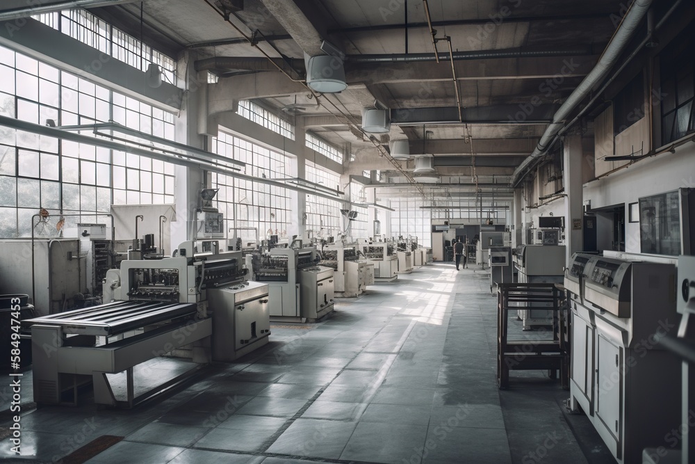 Poster a large room with many machines and windows in it's center factory constructivism manufacturing plan