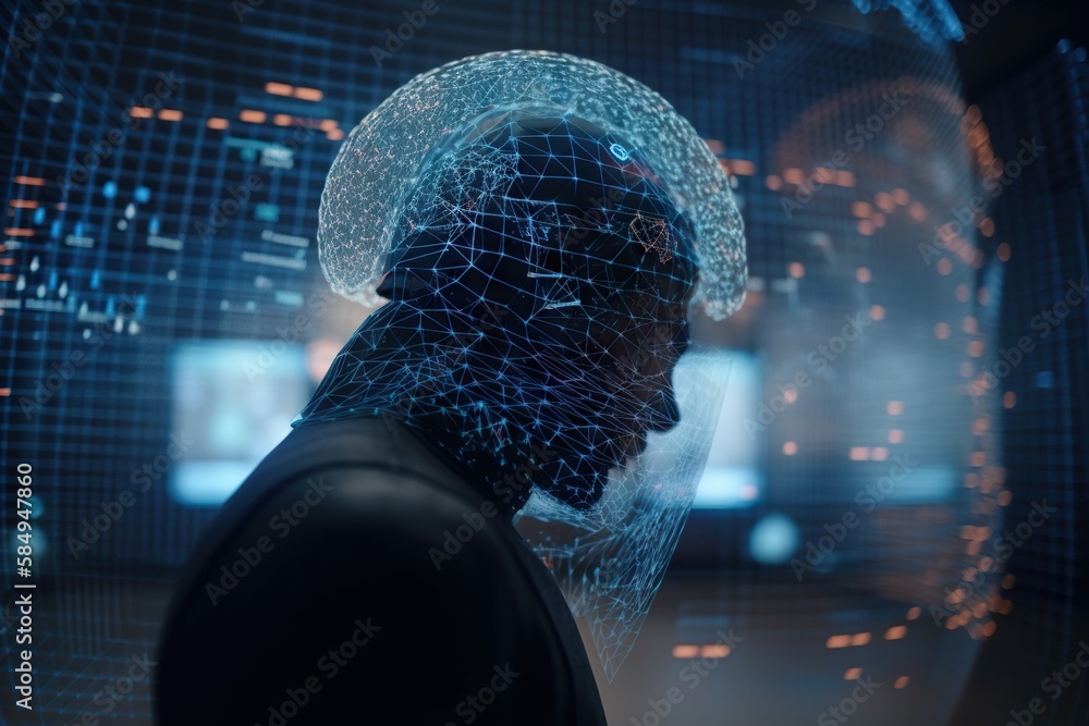 Poster a man in a futuristic suit and a futuristic helmet looks at a computer screen factory panoramic phot