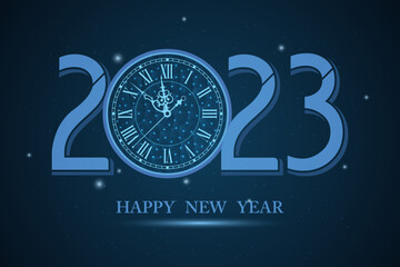 Obraz na płótnie Canvas 2023 Abstract blue low poly clock and number 2023 with Geometric Abstract Background in Retro Style. Celebrate party. Happy new year.