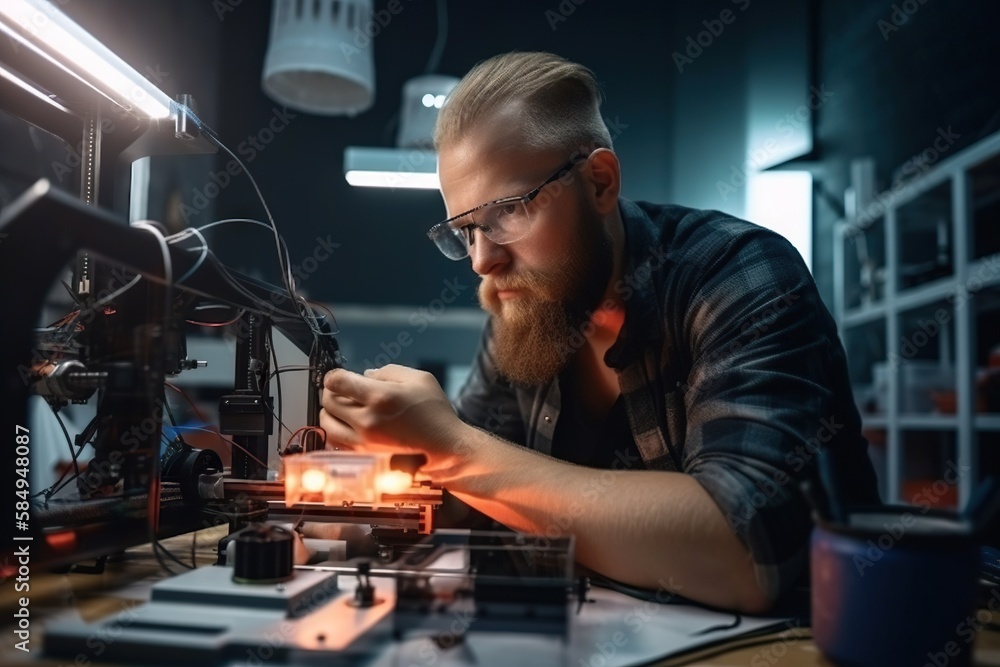Poster a man working on a project in a dark room with a light workshop advertising photography robotics eng