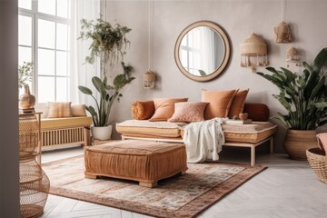Boho stylish living room with sofa, pillows, bedspread, home decor, and green plants in flower pots near mirror on commode. Generative AI
