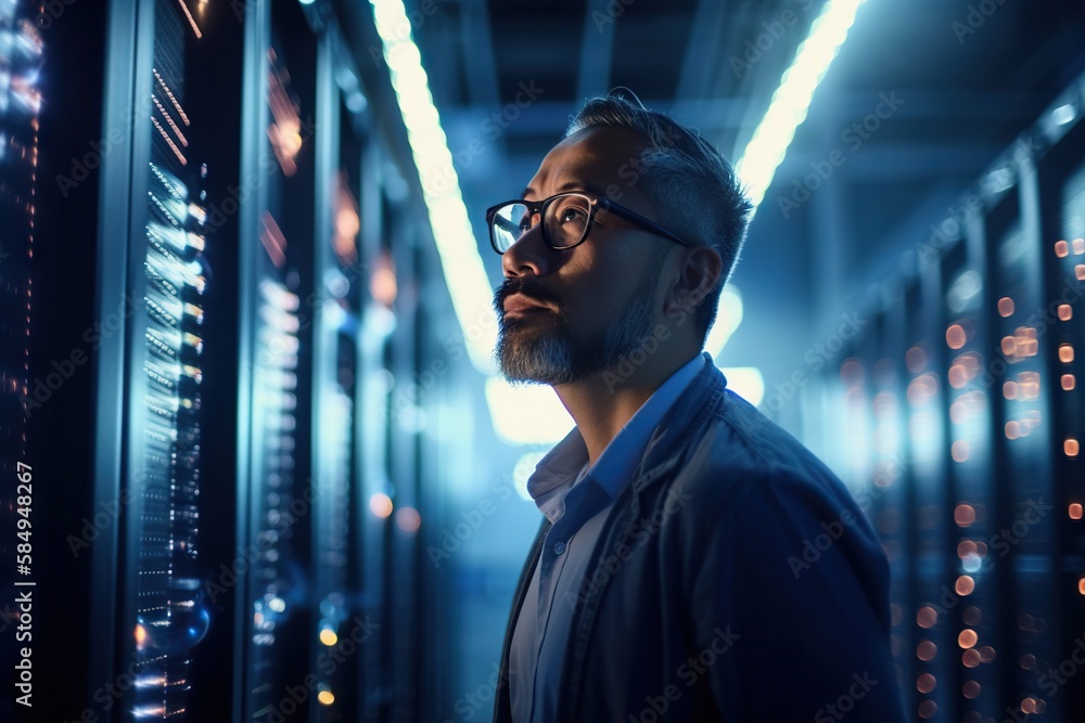 Poster a man in glasses standing in front of a server in a data center deep sea trench advertising photogra