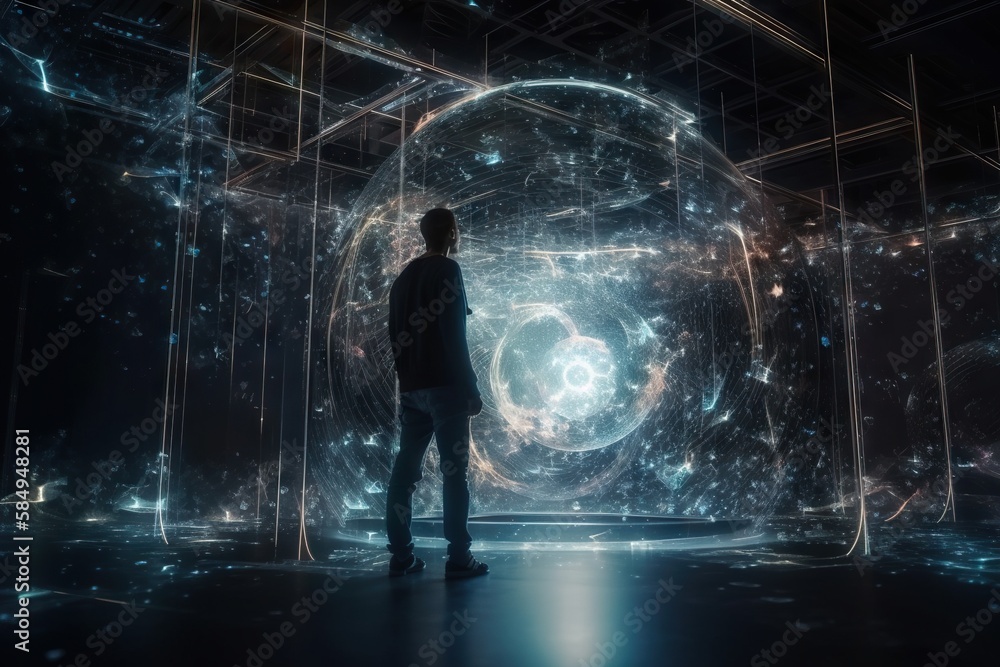 Poster a man standing in front of a large circular object in a room science museum video art data analytics