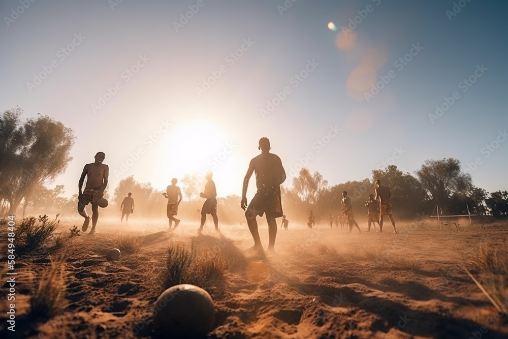 Wall mural a group of people playing soccer on a field at sunset or sunrise desert sports photography sports ph