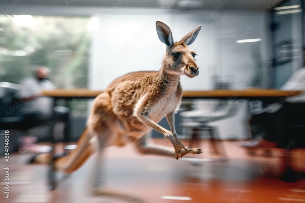 Poster a kangaroo is jumping in the air in an office setting with a blurry background zoo time-lapse photog