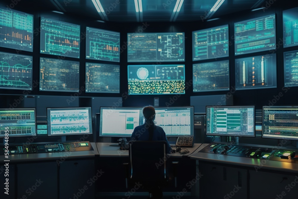 Poster a man sitting at a desk in front of multiple monitors with multiple screens conference room panorami