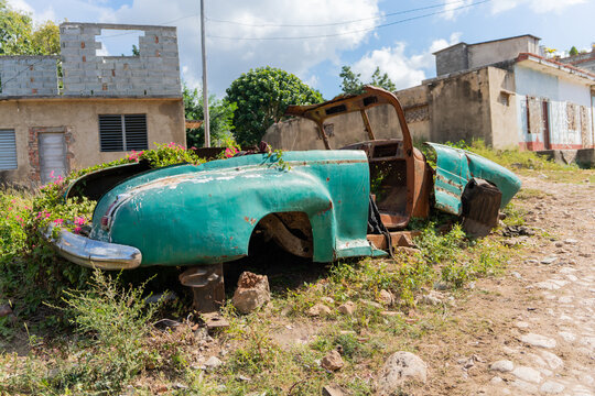 Green Old Car Body Covered By A Climbing Plant