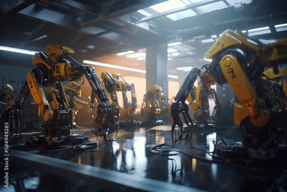 Poster a group of robots are standing in a room with a lot of windows factory photorealism robotics enginee