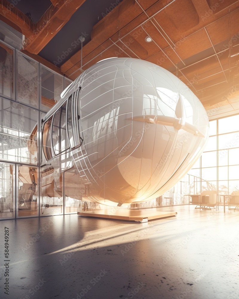 Poster a large white boat in a large room with windows and a ceiling workshop constructivism manufacturing 