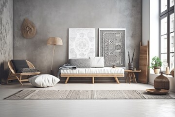 Scandi boho interior wall mockup,. Generative AI