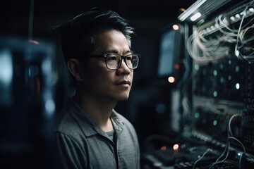 A Man In Glasses Looking At A Computer Screen With Wires On It Deep Sea Trench Advertising Photography Network Engineering Generative AI 