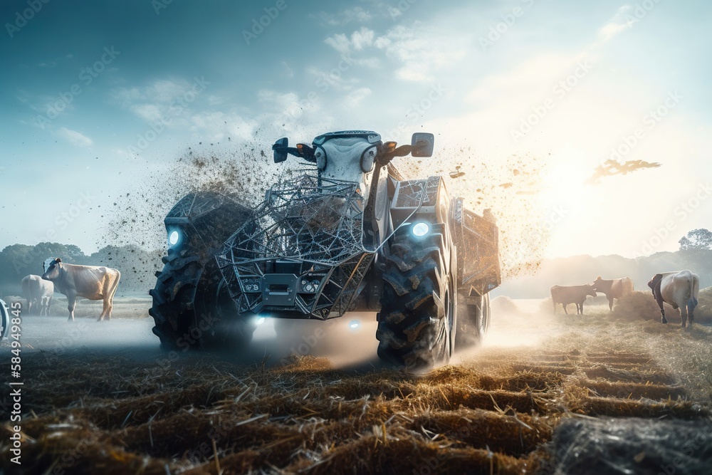 Aufkleber a tractor is driving through a field of hay with cows in the background farm advertising photography