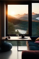 Fototapeta premium A living room overlooking a beautiful lake