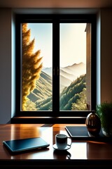 A living room window which is overlooking a beautiful lake