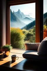 A living room sofa near a window which is overlooking a beautiful lake