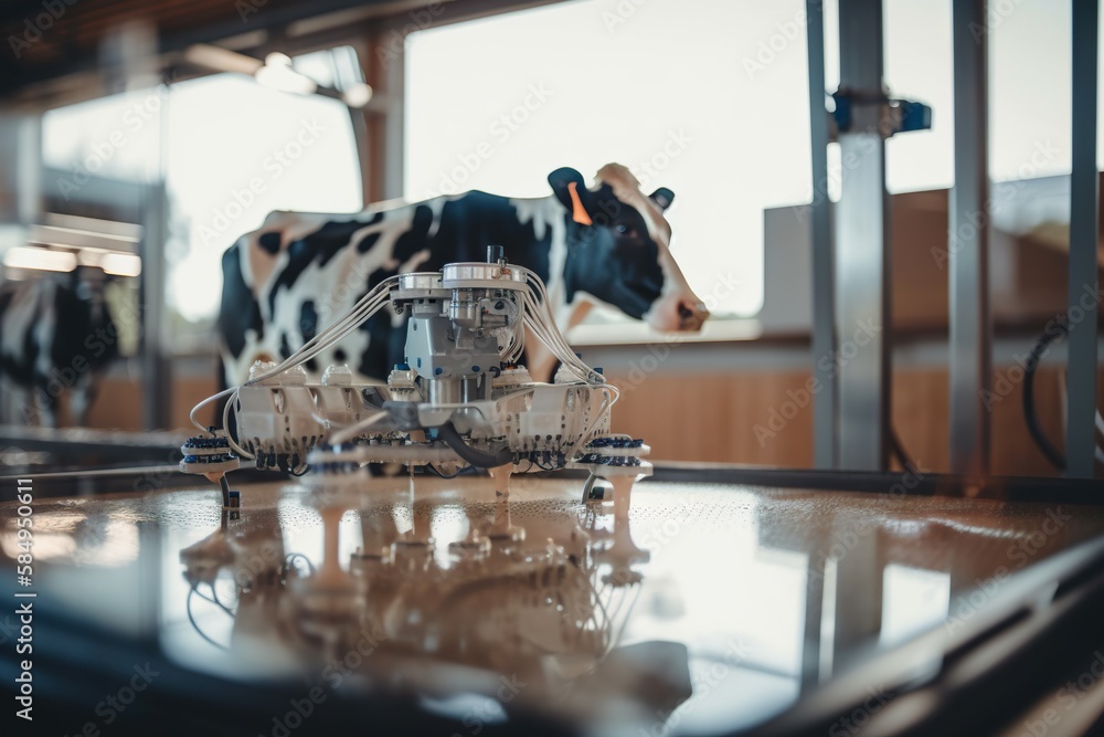 Poster a cow is standing in a room with a machine in it solar farm assemblage robotics engineering generati