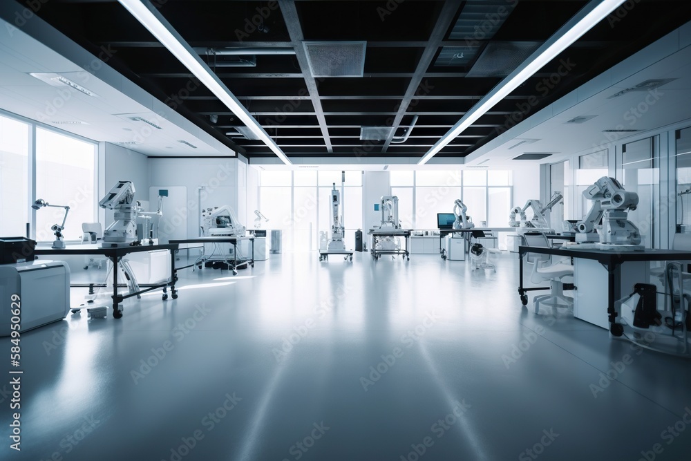 Poster a room with a lot of tables and chairs in it and a lot of windows factory assemblage medical devices