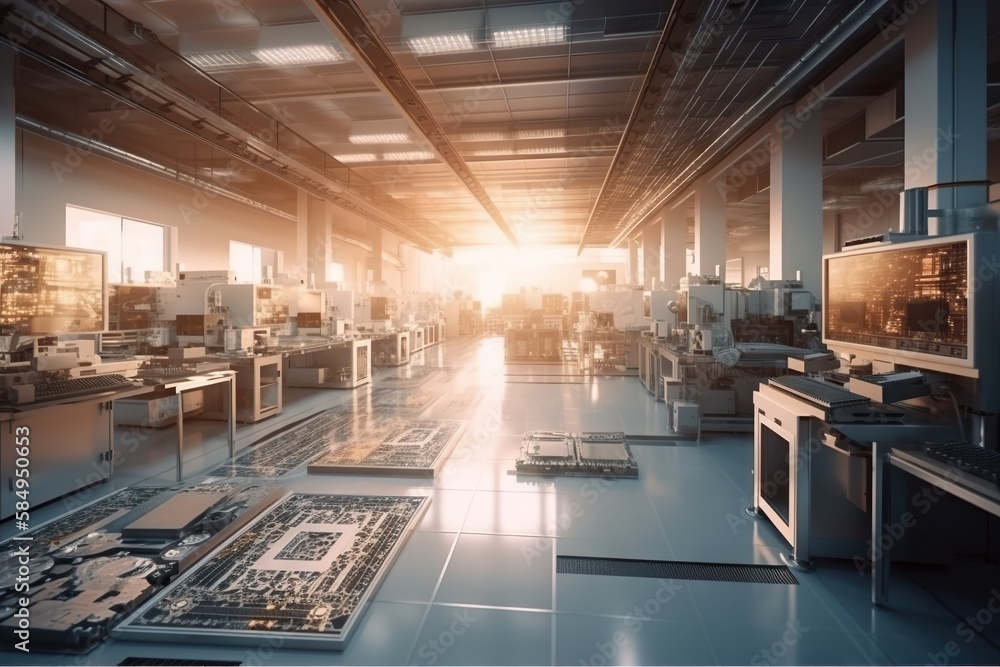 Poster a large room with lots of machines and a lot of windows factory product photography supply chain gen
