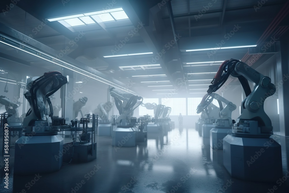 Poster group of robots are standing in a room with a sky light factory advertising photography robotics gen